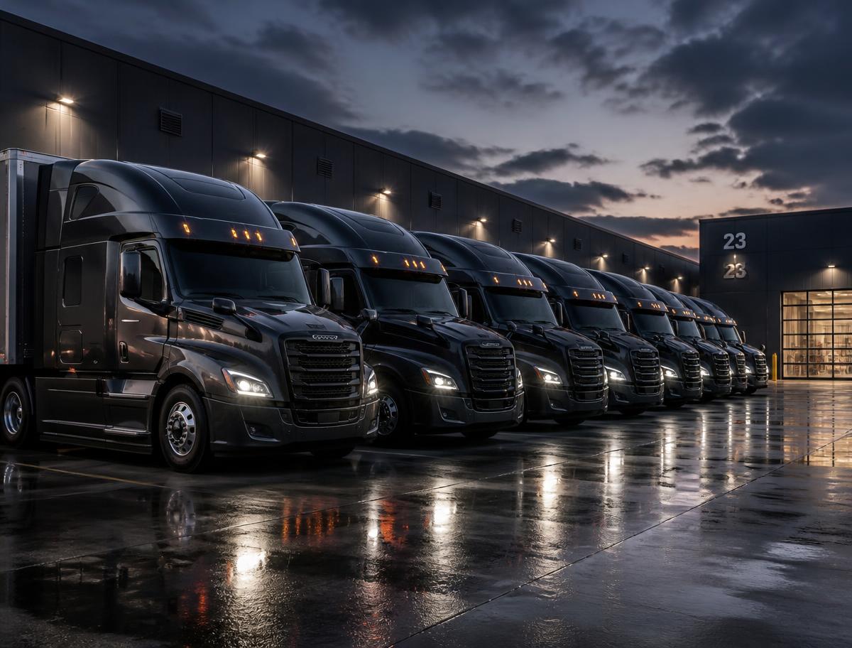 Fleet of semi trucks parked at a logistics terminal at dusk